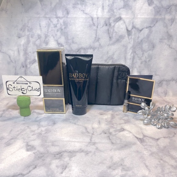 Carolina Herrera Other - Carolina Herrera Bad Boy Set-Black Pouch,Shower Gel&EDT Sample,Woody-3pc-BOX-NEW